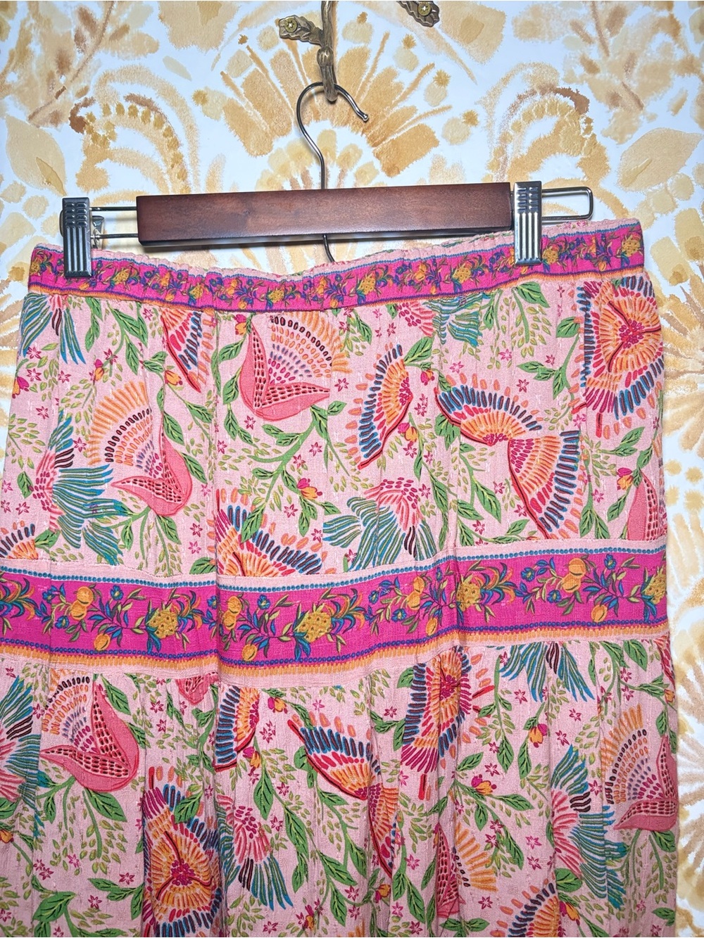 Cynthia Rowley Pink Floral Bird Print Tiered Midi Skirt | Boho Cottagecore - Picture 5 of 8